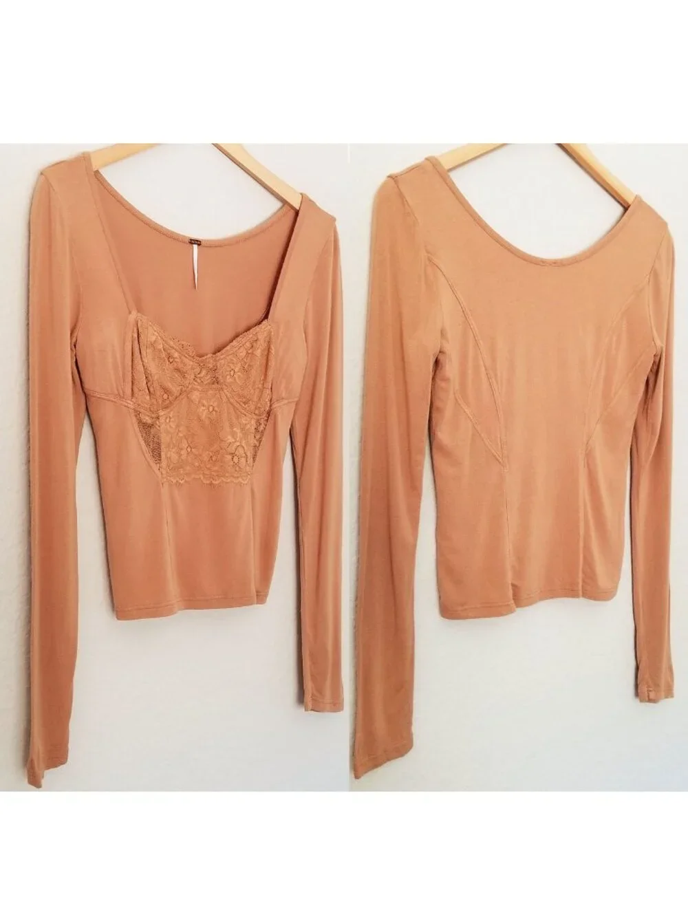 Free People Lace Coset Inset Sweetheart Long Sleeves Top M Camel Stretch Knit